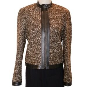 JONES NEW YORK‎ Women's Tweed Leather Trim Jacket Black Brown Size 6